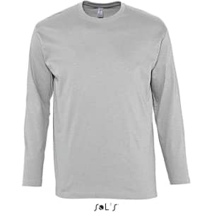 A long-sleeve men's T-shirt in light grey, featuring ribless cuffs and made from 100% semi-combed ring spun cotton.