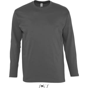 A long-sleeve men's T-shirt in dark grey, featuring ribless cuffs and made from 100% semi-combed ring spun cotton.