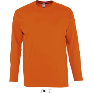 An orange long sleeve men's T-shirt with ribless cuffs made from 100% semi combed ring spun cotton. Features a logo.
