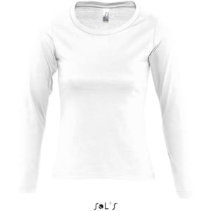 A white long sleeve women's T-shirt with a round neck, made from 100% ring-spun cotton, featuring a ribbed neck and logo.