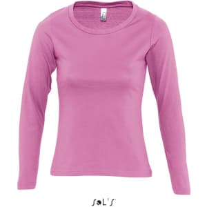 A long sleeve women's T-shirt in pink, featuring a round neck and ribbed neck. It is made from 100% ring spun cotton and has a logo.