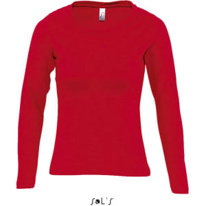 A long sleeve women's T-shirt in red, made from 100% ring spun cotton with a ribbed neck and branding.