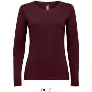 Long sleeve women's T-shirt in burgundy, made from 100% ring spun cotton, featuring a ribbed neck and a logo.
