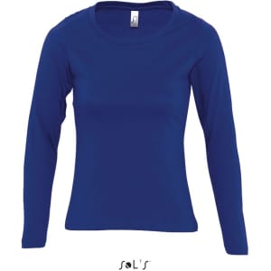 A women's long-sleeve T-shirt in navy blue, featuring a round neck and ribbed neck. It has a logo.