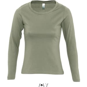 A long sleeve women's T-shirt in olive green, featuring a round neck and ribbed neck with a logo.