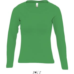 A long sleeve women's T-shirt in green, featuring a round neck and ribbed neck, made from 100% ring-spun cotton.