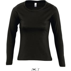A black long sleeve women's T-shirt with a round neck, made of 100% ring spun cotton and featuring a ribbed neck.