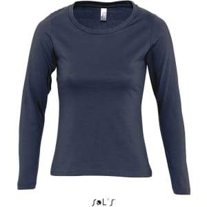 A long sleeve women's T-shirt in navy blue, featuring a round neck and ribbed neck design. Includes branding.
