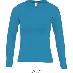 A long sleeve women's T-shirt in turquoise, featuring a round neck and ribbed neck design. It has a logo at the bottom.