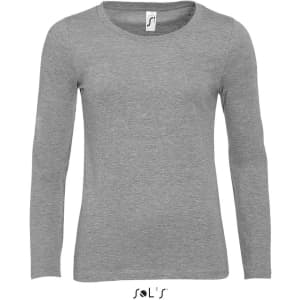 A long sleeve women's t-shirt in grey, made from 100% ring spun cotton with a round neck and ribbed neckline.