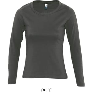 A long sleeve women's T-shirt in dark grey, featuring a round neck and ribbed neck detail, made from 100% ring spun cotton.