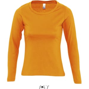 A long sleeve women's T-shirt in bright orange, featuring a round neck and a ribbed neck design.