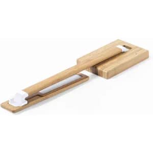 A wooden kitchen gadget with a white handle, designed for slicing or serving. Features a sleek, minimalist design.
