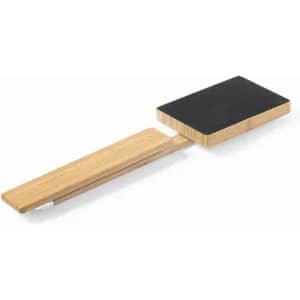 A wooden spatula with a square black head and a long light wood handle. The spatula features a logo.