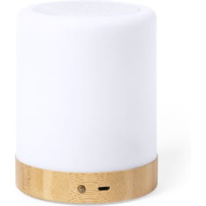 A cylindrical light with a white upper section and a bamboo base, featuring a logo and a charging port.