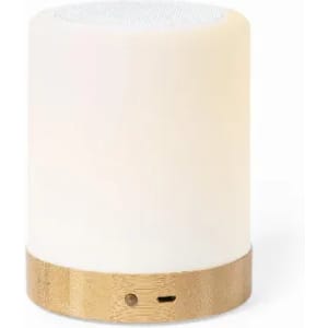 A lamp with a cream-coloured cylindrical body and a bamboo base, featuring a logo on the base.