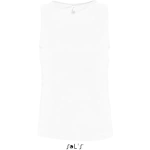 A plain white men's singlet/tank top featuring a logo on the back.
