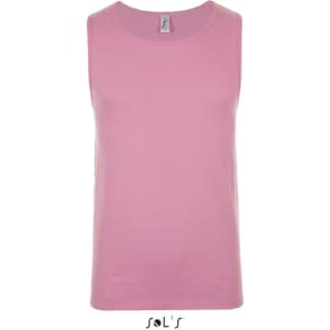 A pink men's singlet tank top with a tag and a logo at the bottom.