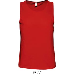 A red men's singlet or tank top with a simple design and a logo at the bottom.