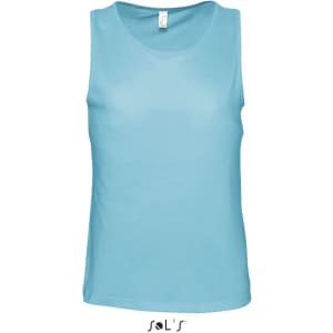 A men's singlet in a light blue colour, featuring a simple design and a branding label at the neckline.