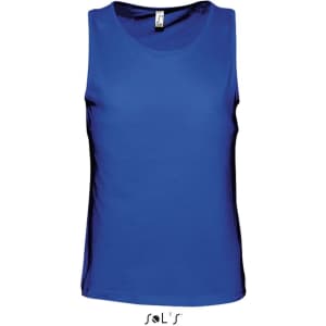 A blue men's singlet tank top with a logo. Simple design, sleeveless, and made from a smooth fabric.