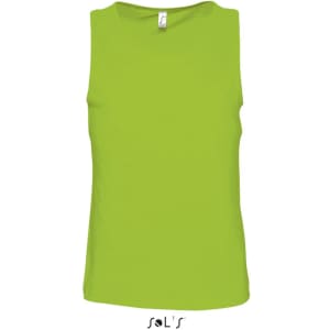 A men's singlet/tank top in vibrant lime green, featuring a simple design and a brand logo.