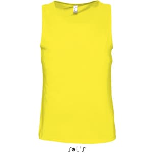 A bright yellow men's tank top featuring a simple design and a label logo.