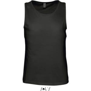 A men's tank top in black with a round neckline, featuring a branding logo at the bottom.