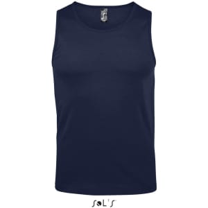 A navy blue men's tank top with a plain design and a logo on the label.