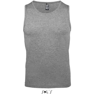 A grey men's singlet/tank top with a logo at the neckline.