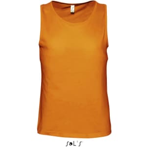 An orange men's tank top with a rounded neckline and a logo at the label. Simple and versatile design.