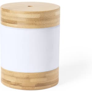 A bamboo container with a white centre and a smooth wooden lid, featuring a logo.