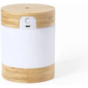 A drink bottle with a wooden bamboo base, a white body, and a button on the top, featuring a logo.