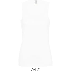 A white women's tank top with a label and no sleeves, featuring a logo at the top.