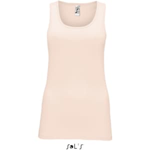 A women's tank top in a soft beige colour with a round neckline and branding on the label.