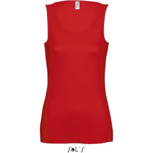 A sleeveless red tank top for women featuring a rounded neckline and a branding label at the neck.