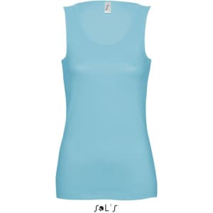 A women's tank top in a light blue colour, featuring a round neckline and no sleeves. It has a logo.
