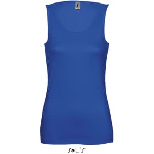 A blue women's tank top with a fitted design and a neck label featuring a logo.