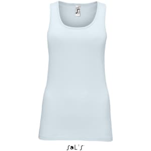 A light blue women's tank top with a scoop neckline, featuring a branding logo.