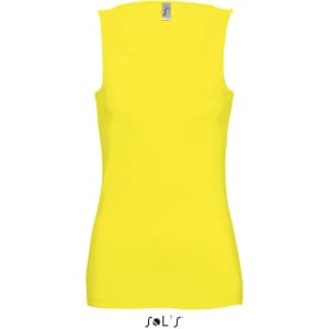 A women's yellow singlet tank top with a fitted design and a logo at the neckline.