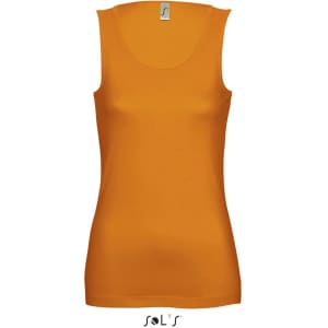 An orange women's singlet tank top with a scoop neckline and a logo on the label.