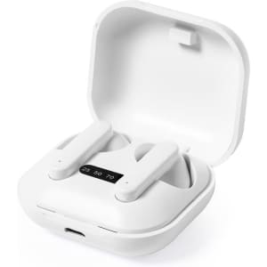 A white earbud case with two earbuds inside, featuring a small display on the front.