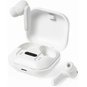 A pair of white wireless earbuds with a charging case, featuring a sleek design and a compact shape.