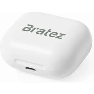 A white charging case with a logo, featuring a USB-C port at the bottom.
