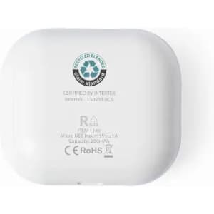 A white charging case with a logo on the back. It features a micro USB input and a 200mAh capacity.