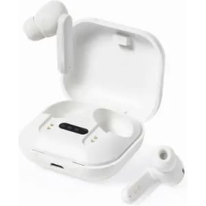 A pair of white wireless earbuds with a charging case, featuring a compact design and visible LED indicators.