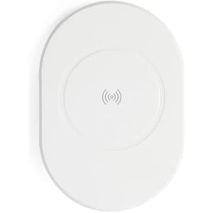 A white wireless charging pad with a textured centre and a circular design, featuring an embedded logo.