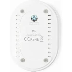 A white device with vents and a logo on the top, featuring a smooth, rounded rectangular shape.