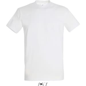 A plain white men's T-shirt with a round neck, made from 100% semi combed ring spun cotton. It has a logo.
