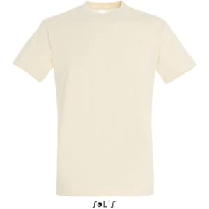 A light cream T-shirt with a round neck, made from 100% semi-combed ring spun cotton, featuring a logo.